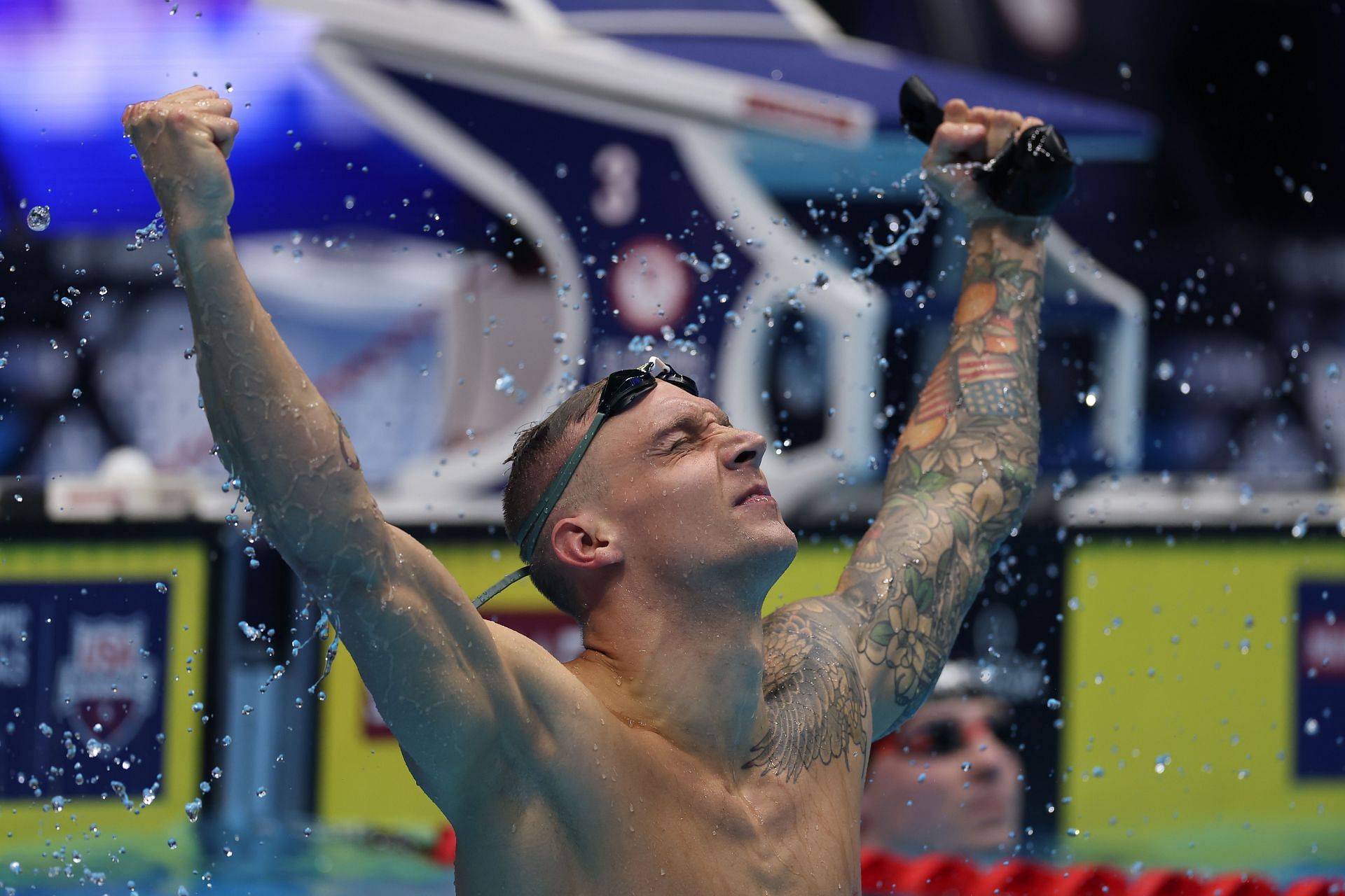 Caeleb Dressel reacts after winning the Men&#039;s 100m butterfly final at the 2024 U.S. Olympic Team Trials in Indiana. (Photo by Getty Images)