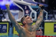Caeleb Dressel reacts after winning the Men's 100m butterfly final at the 2024 U.S. Olympic Team Trials in Indiana. (Photo by Getty Images)