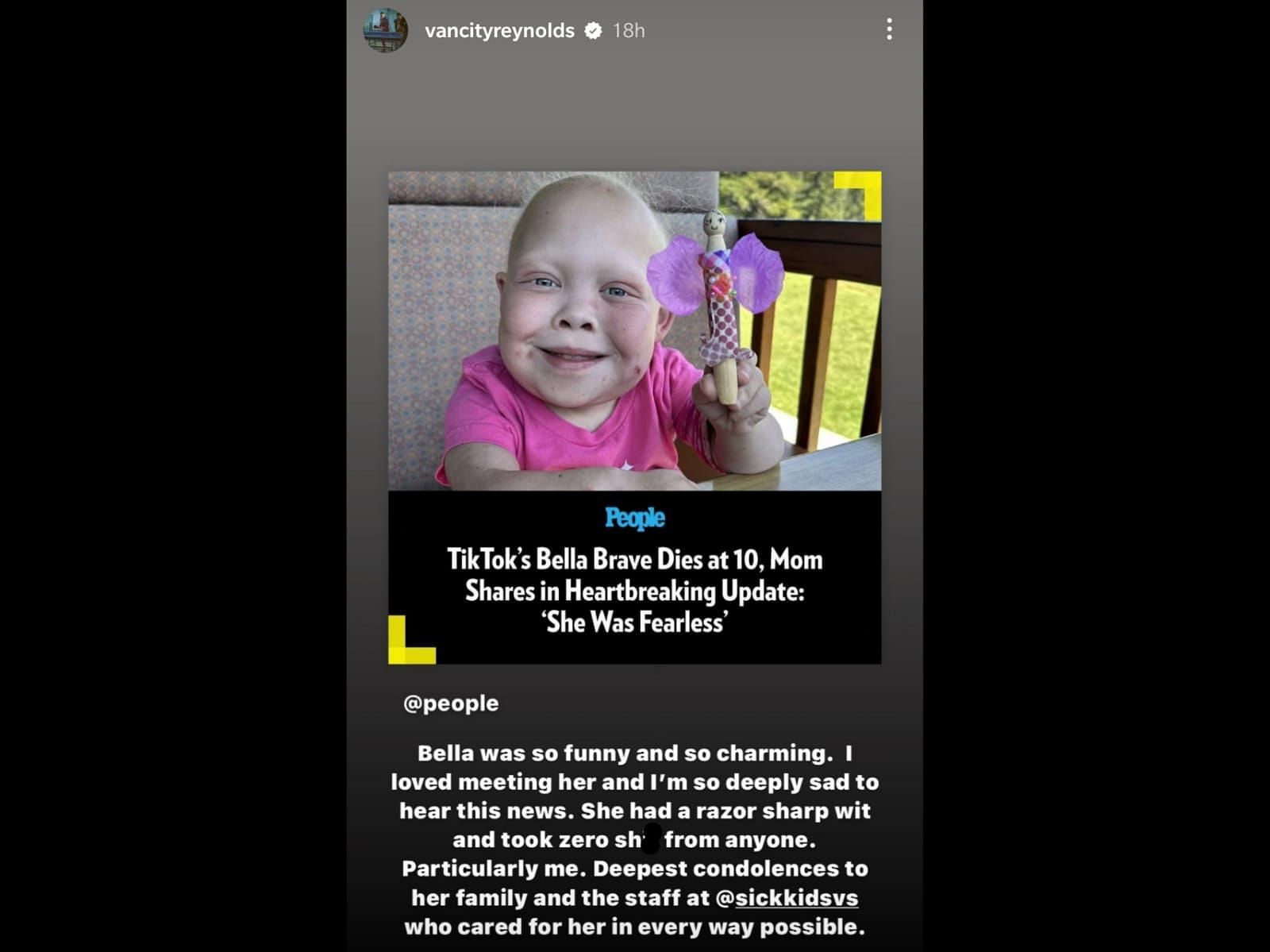 Ryan Reynolds mourns the death of Bella Brave (Image via Instagram/@vancityreynolds)