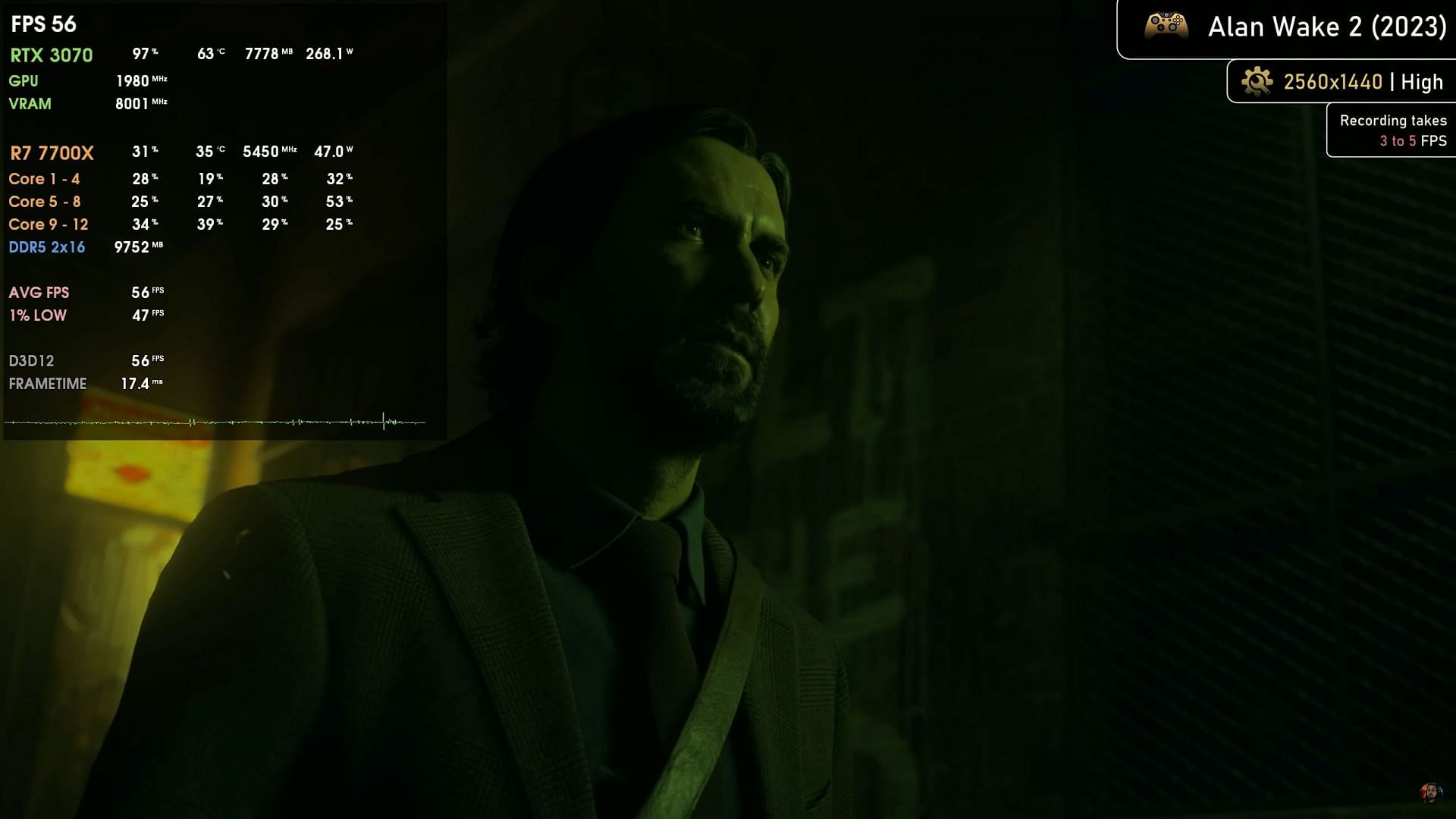 Alan Wake 2 using the RTX 3070 (Image via @Ancient Gameplays/YouTube)