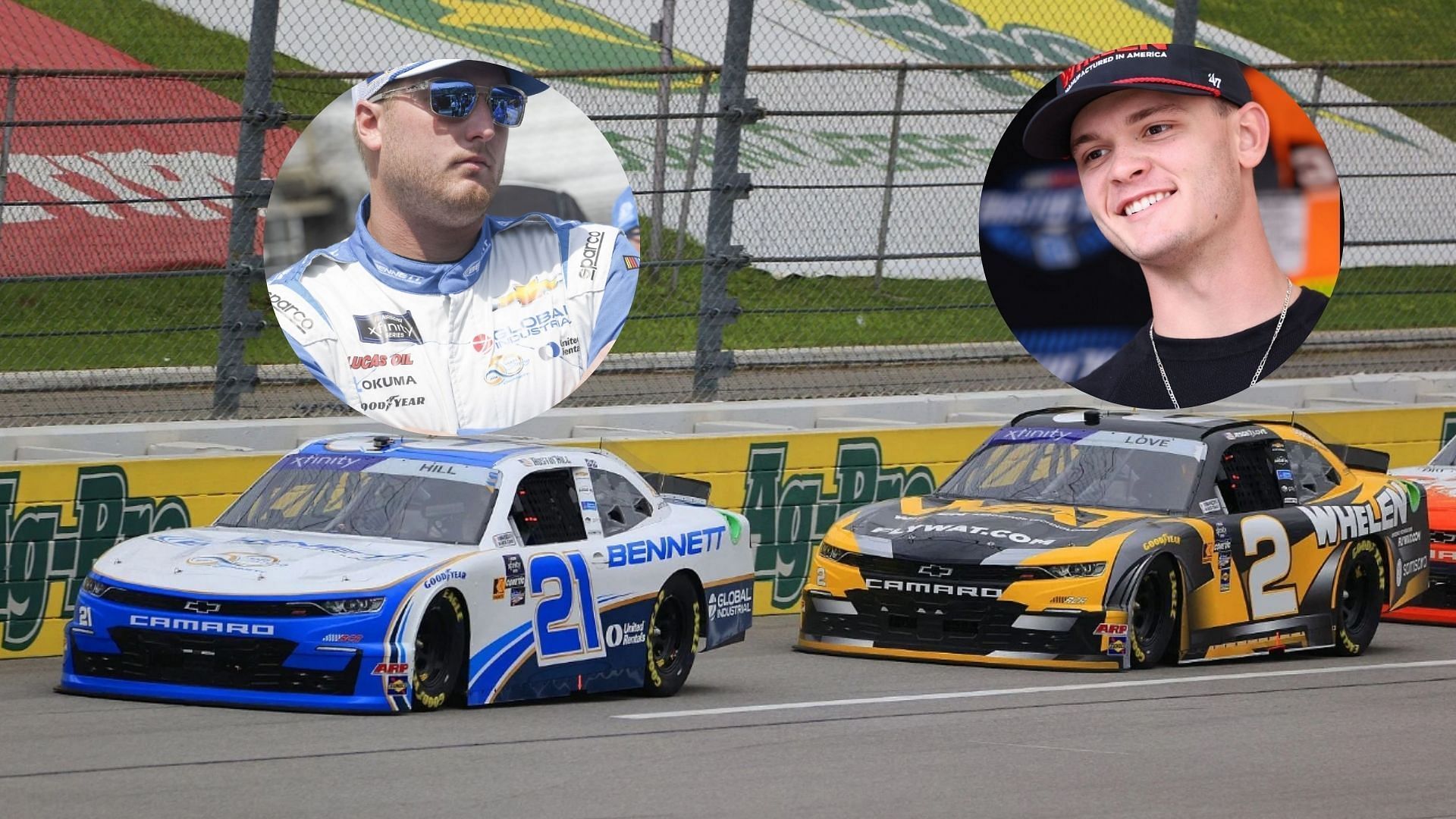 Austin Hill leading Jesse Love during the Ag-Pro 300 race at Talladega Superspeedway. Inset Hill and Love (source: getty)