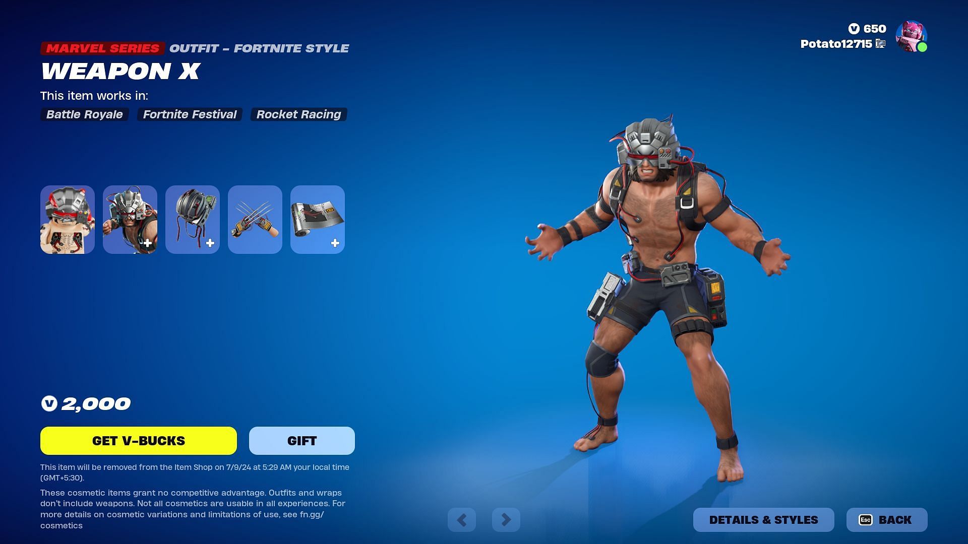 Weapon X (Wolverine) skin will remain listed until July 9, 2024 (Image via Epic Games)