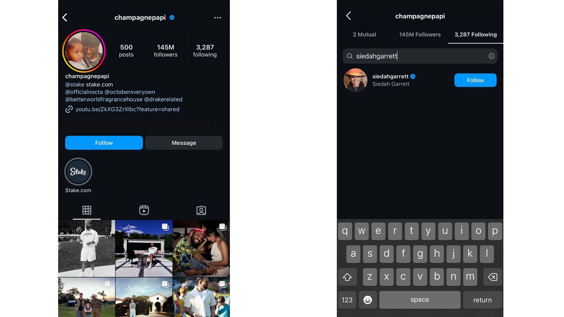 Drake followed Siedah Garrett on Instagram (Image via Instagram/@champagnepapi)