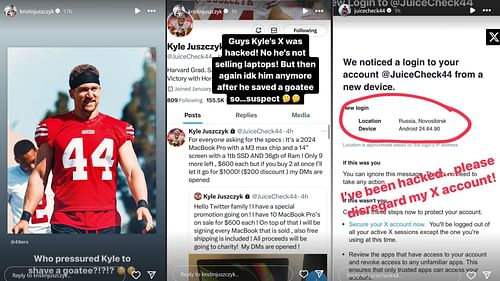 Kristin Juszczyk pokes fun at husband Kyle Juszczyk after 49ers star gets Twitter account hacked [Image credit: @juicecheck44 and @kristinjuszczyk IG]