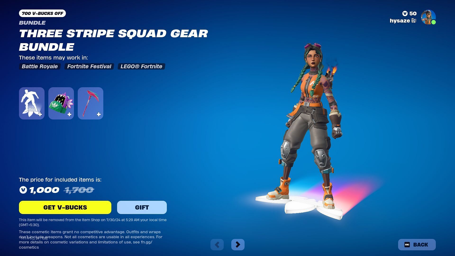 Adidas skins in Fortnite will remain listed until July 30, 2024, in the Item Shop (Image via Epic Games)