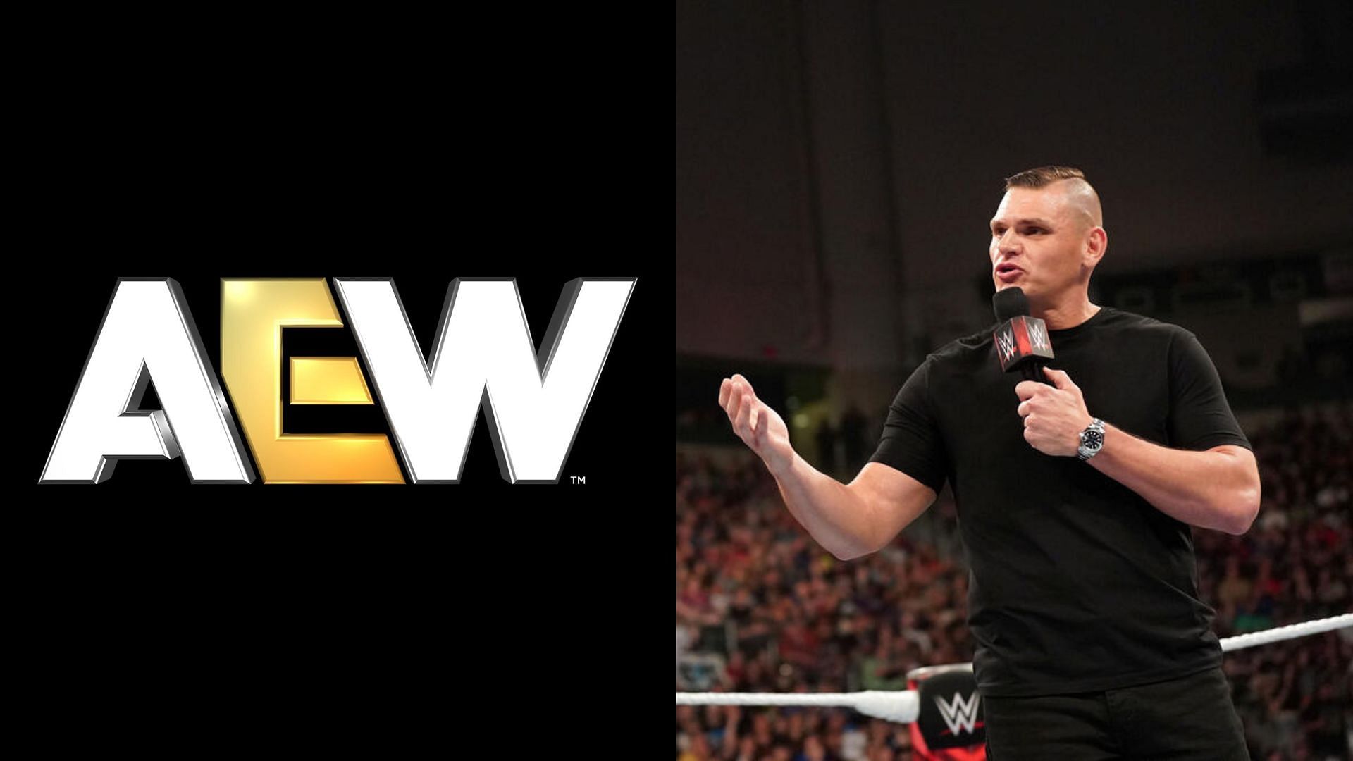 AEW logo (left) and Gunther (right). (Image credits: AEW Facebook page and wwe.com)