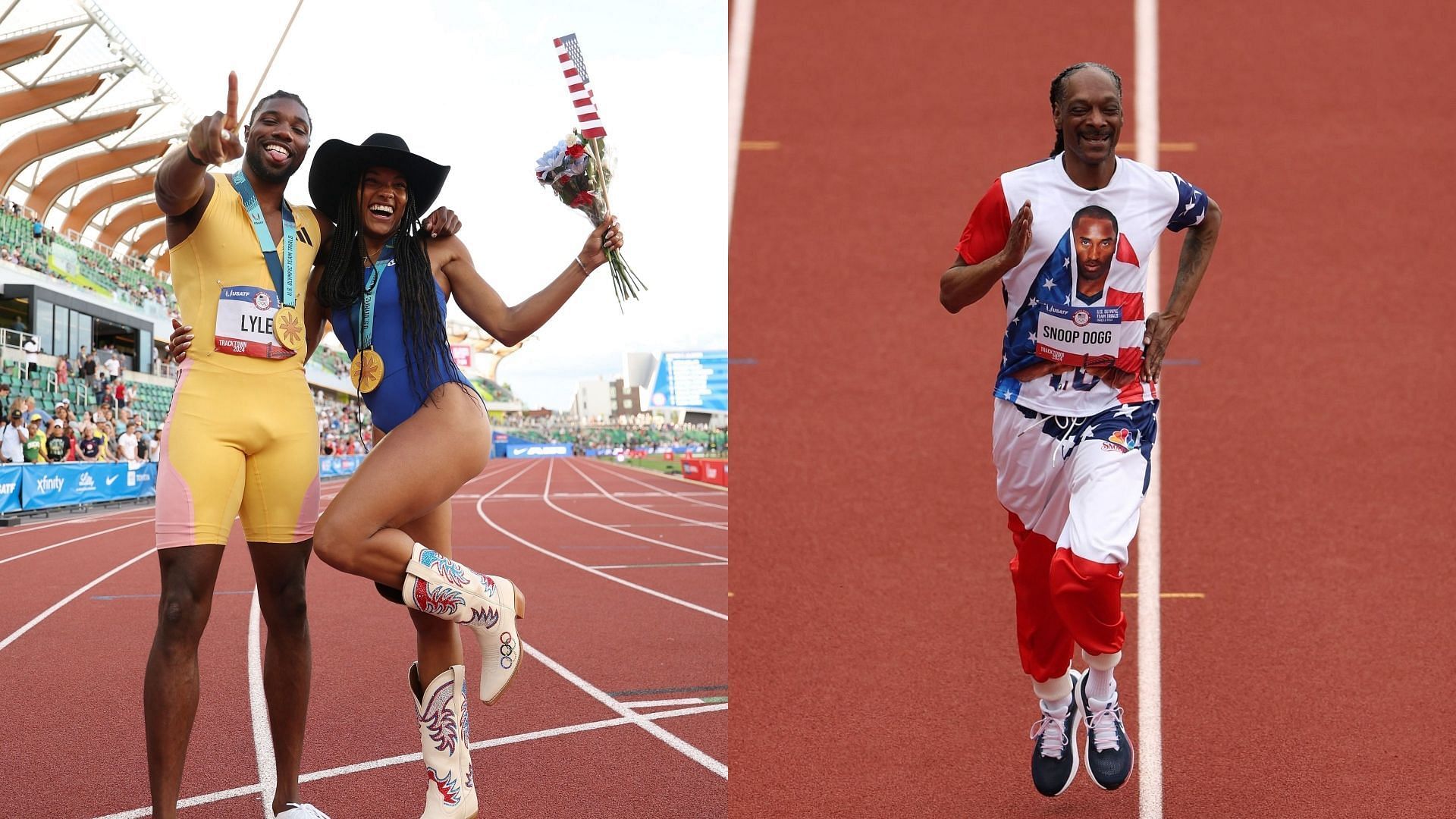 Tara Davis Woodhall with Noah Lyles and Snoop Dogg (via Getty)