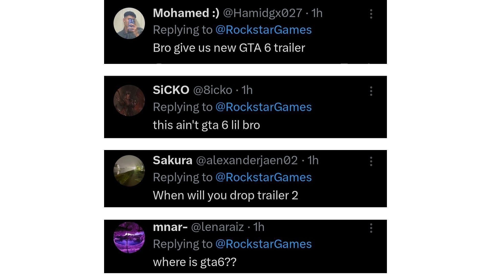 A collage of a few comments on Rockstar Game&#039;s social media post (Image via X)