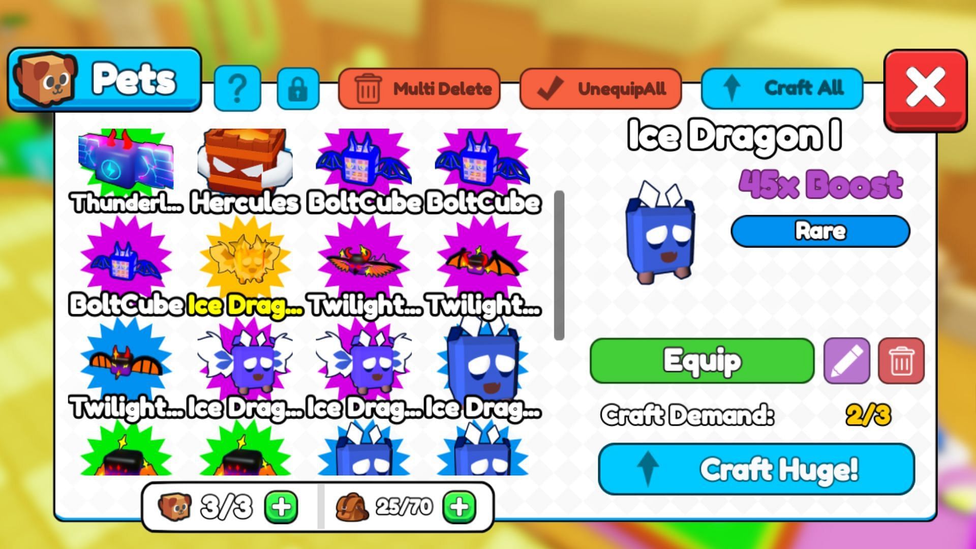 The Ice Dragons come in various tiers in the game (Image via Roblox)