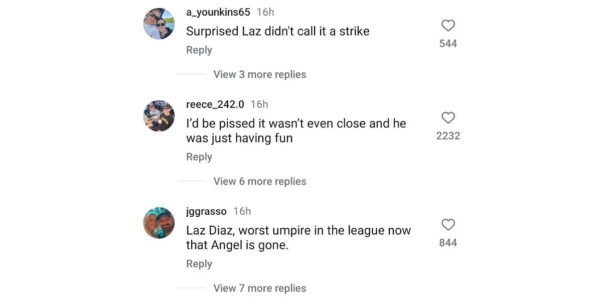 Fans criticizing MLB umpire Laz Diaz (Image Credit: Instagram / @jomboymedia)