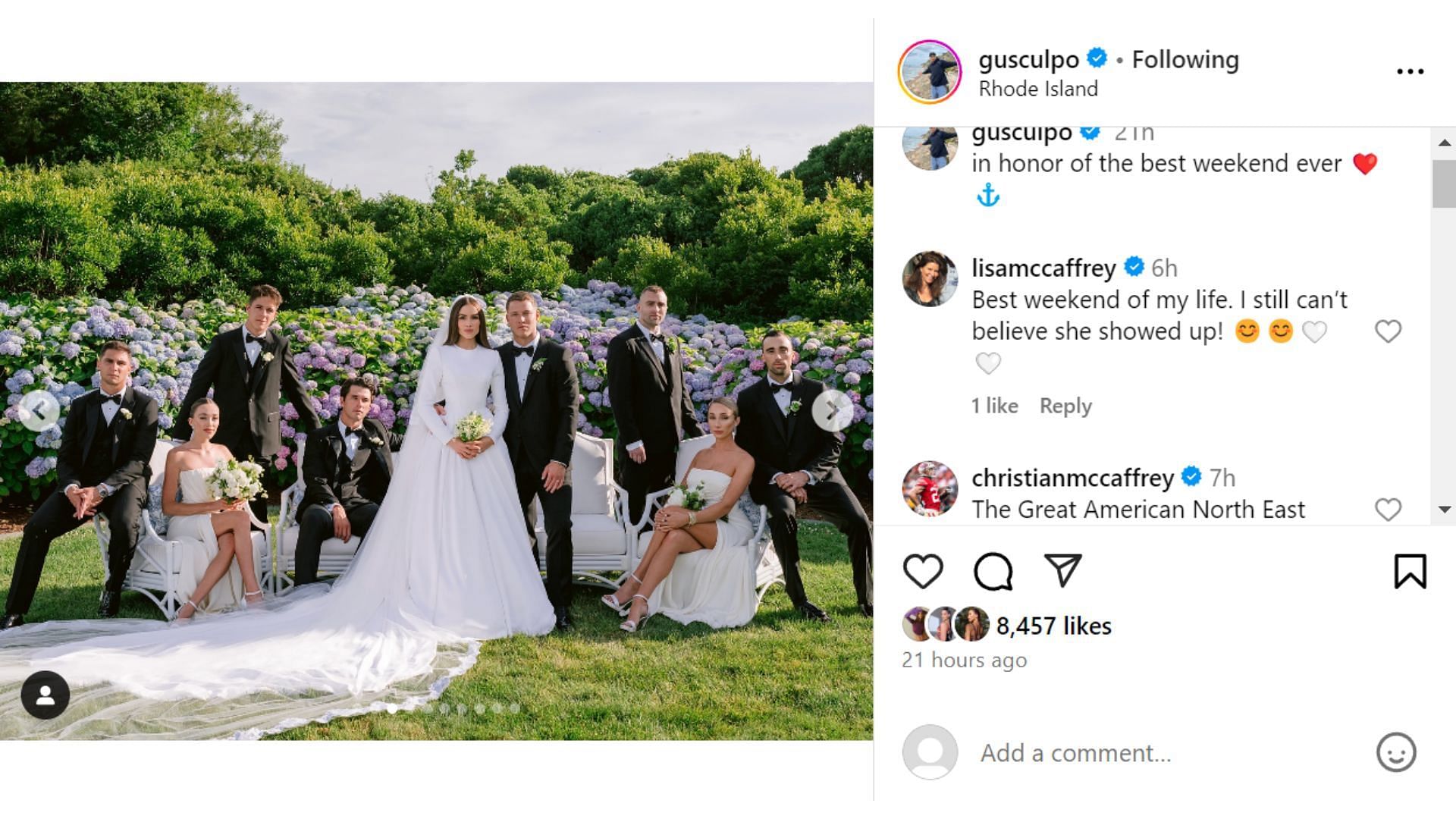 Christian McCaffrey&#039;s mother Lisa commented on Oliva Culpo&#039;s brother Gus&#039; wedding snaps [Image credit: @gusculpo Instagram]