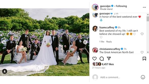 Christian McCaffrey's mother Lisa commented on Oliva Culpo's brother Gus' wedding snaps [Image credit: @gusculpo Instagram]