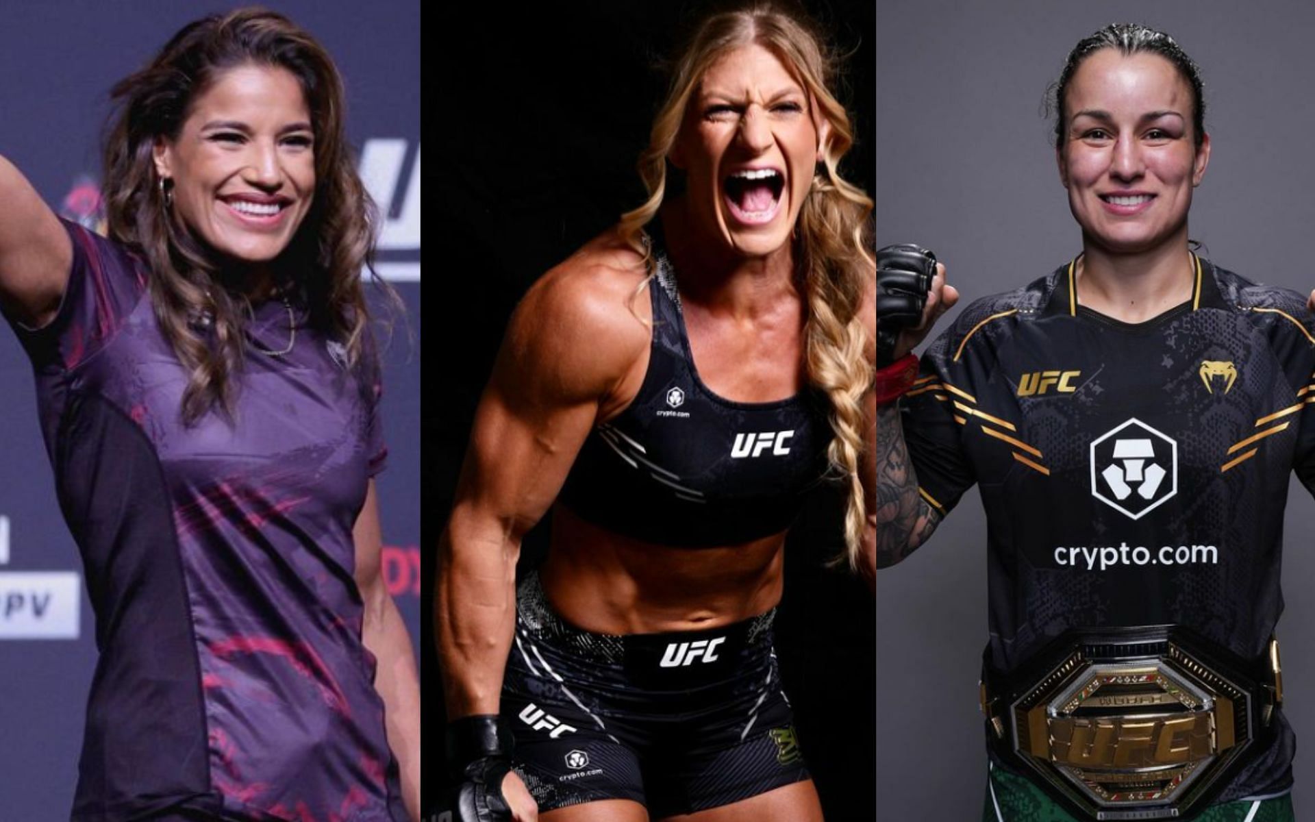 Kayla Harrison (center) talks about a potential clash between Julianna Pena (left) and Raquel Pennington (right) [Images courtesy: @kaylaharrisonofficial, @venezuelanvixen, and @raquel_pennington on Instagram]