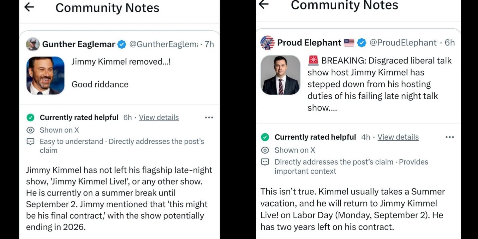 Community Notes under the viral tweets. (Image via X/@GuntherEagleman, @ProudElephantUS)