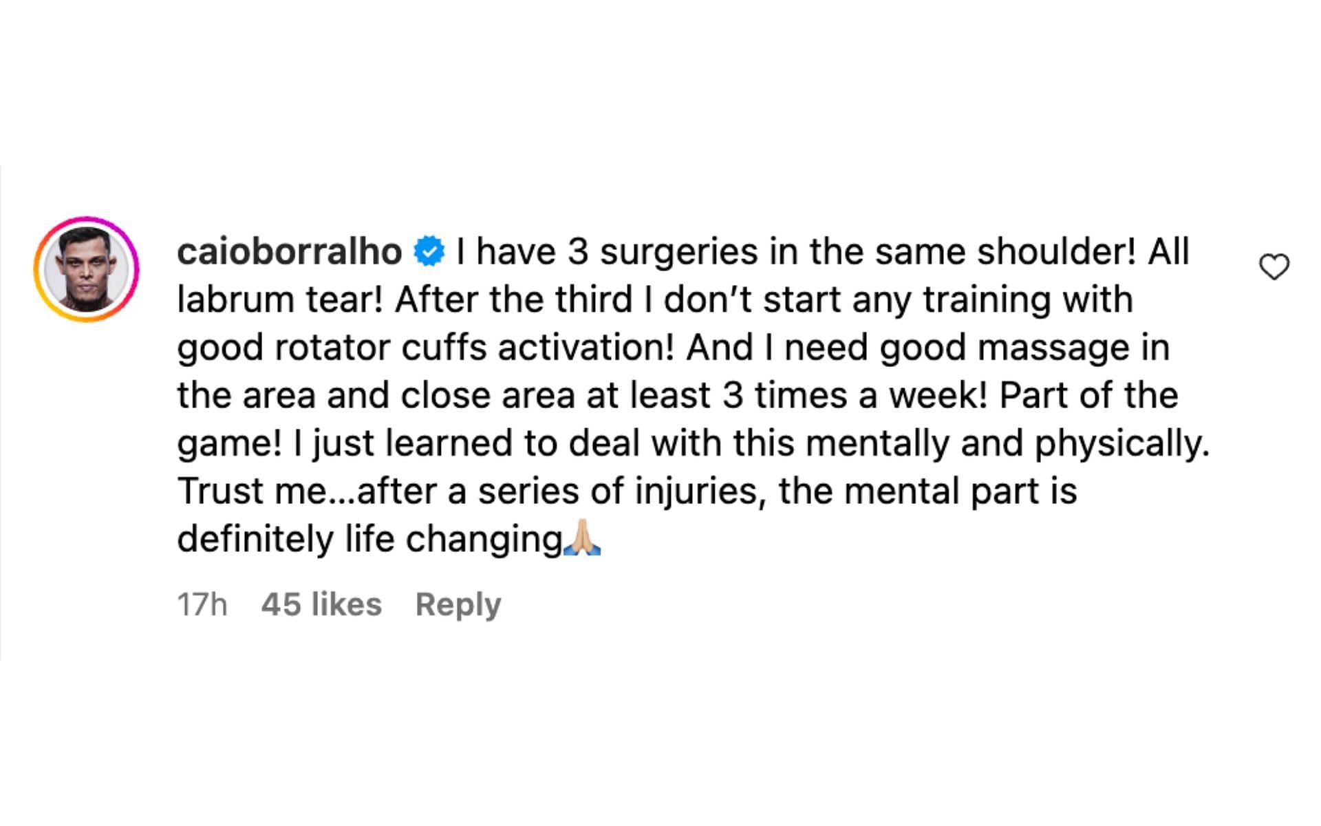 Caio Borralho reacts to T.J. Dillashaw&#039;s comments on shoulder injuries. [via @mmajunkie on Instagram]