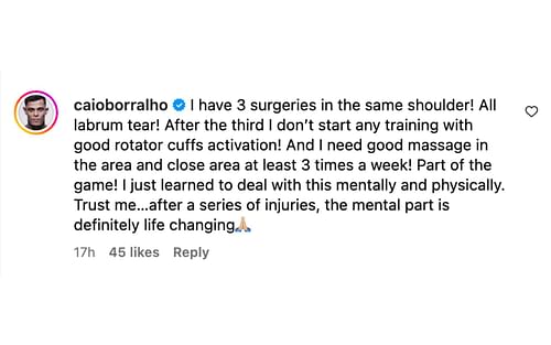 Caio Borralho reacts to T.J. Dillashaw's comments on shoulder injuries. [via @mmajunkie on Instagram]