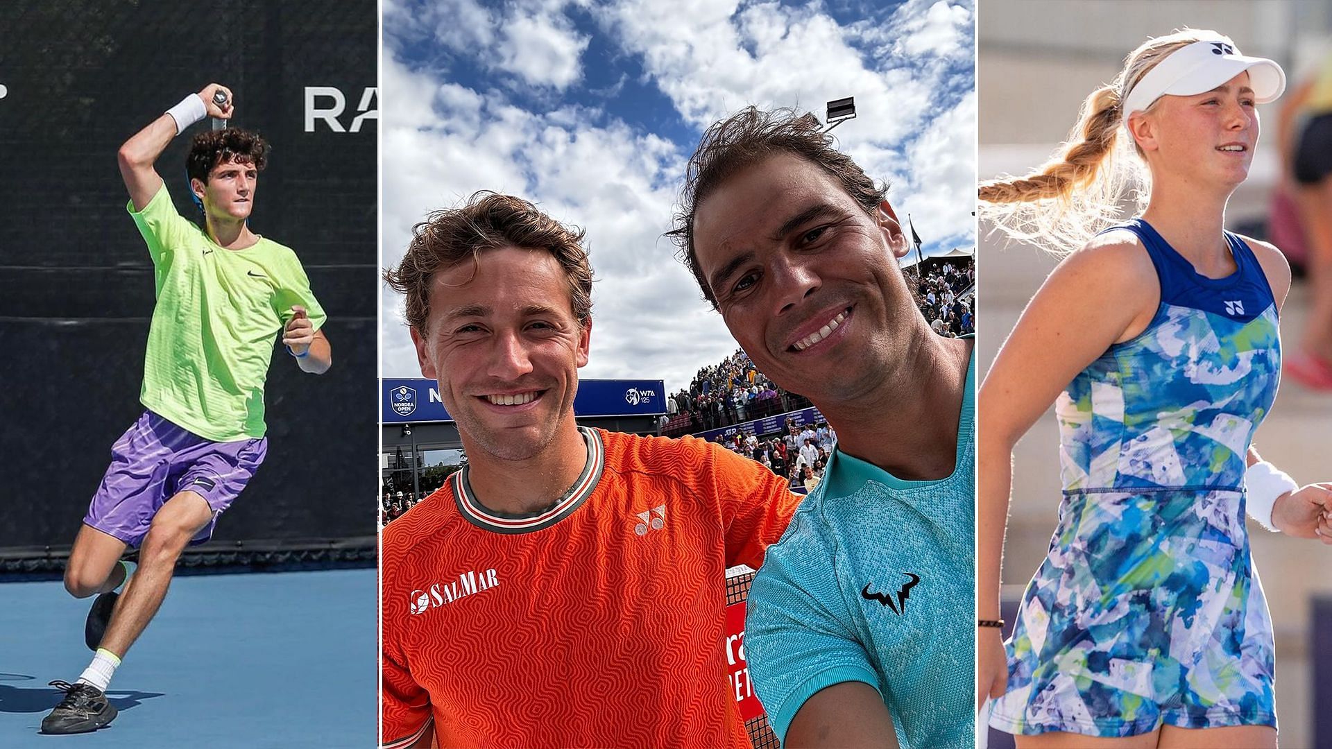 (L) Joan Nadal (M) Casper Ruud and Rafael Nadal (L) Charlotte Ruud