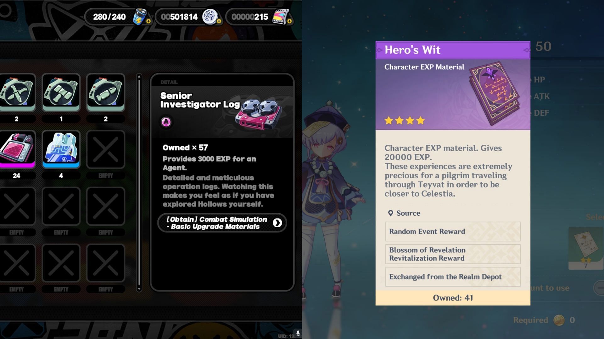 Investigator Log and Character EXP (Image via HoYoverse)