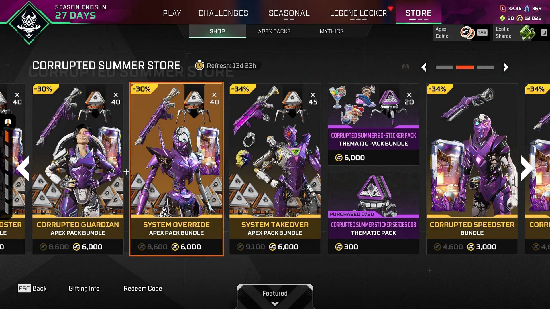 Corrupted Summer Store event tab in Apex Legends, Corrupted Summer Store event