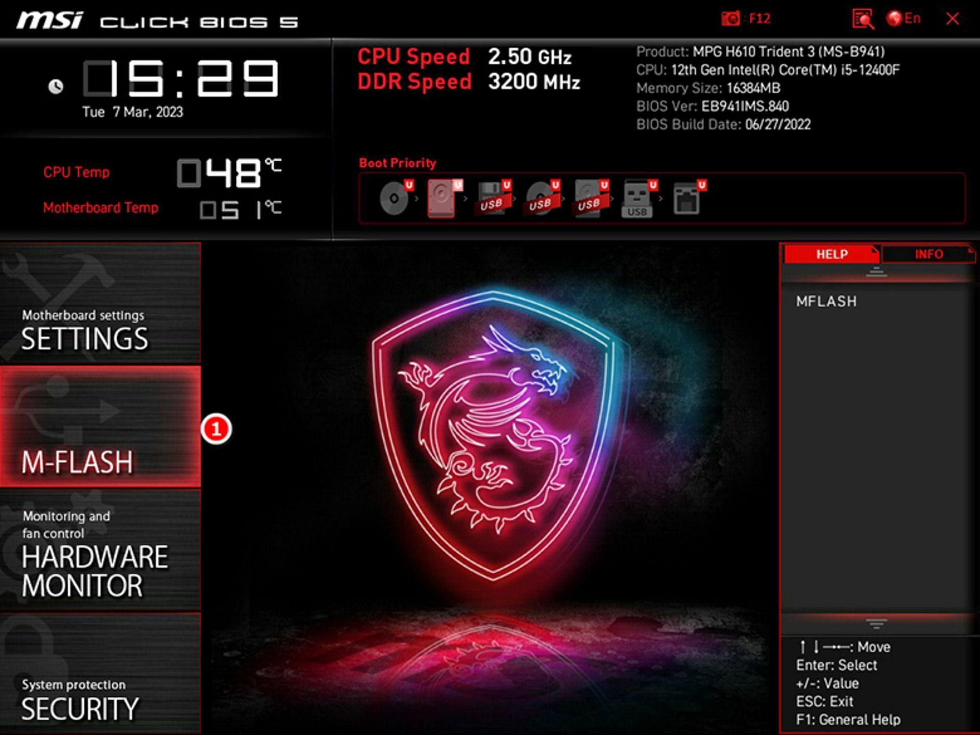 MSI BIOS utility for MPG H610 Trident 3(Image via MSI)