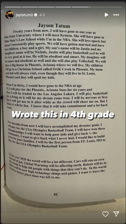 Jayson Tatum shared a poorly aged essay he wrote in 4th grade