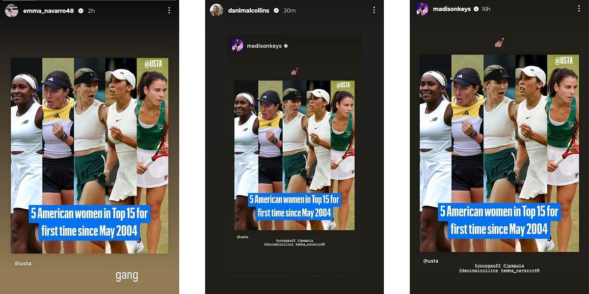 Emma Navarro, Danielle Collins, and Madison Keys&#039; Instagram Stories. (Source: Instagram @emma_navarro48, @danimalcollins, @madisonkeys)