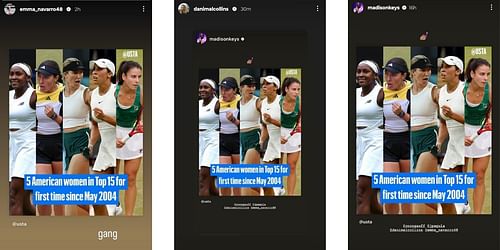 Emma Navarro, Danielle Collins, and Madison Keys' Instagram Stories. (Source: Instagram @emma_navarro48, @danimalcollins, @madisonkeys)