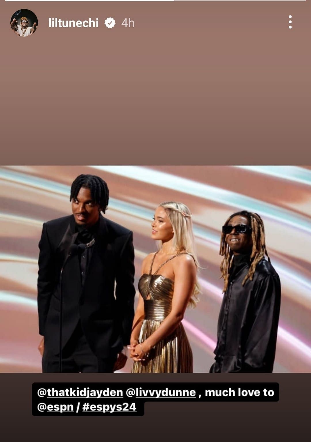 Rapper Lil&#039; Wayne shared his ESPYs moment with Olivia Dunne and Jayden Daniels on Instagram (Photo Source: @liltunechi)