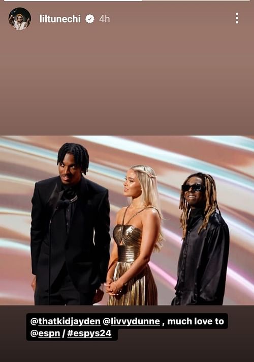 Rapper Lil' Wayne shared his ESPYs moment with Olivia Dunne and Jayden Daniels on Instagram (Photo Source: @liltunechi)