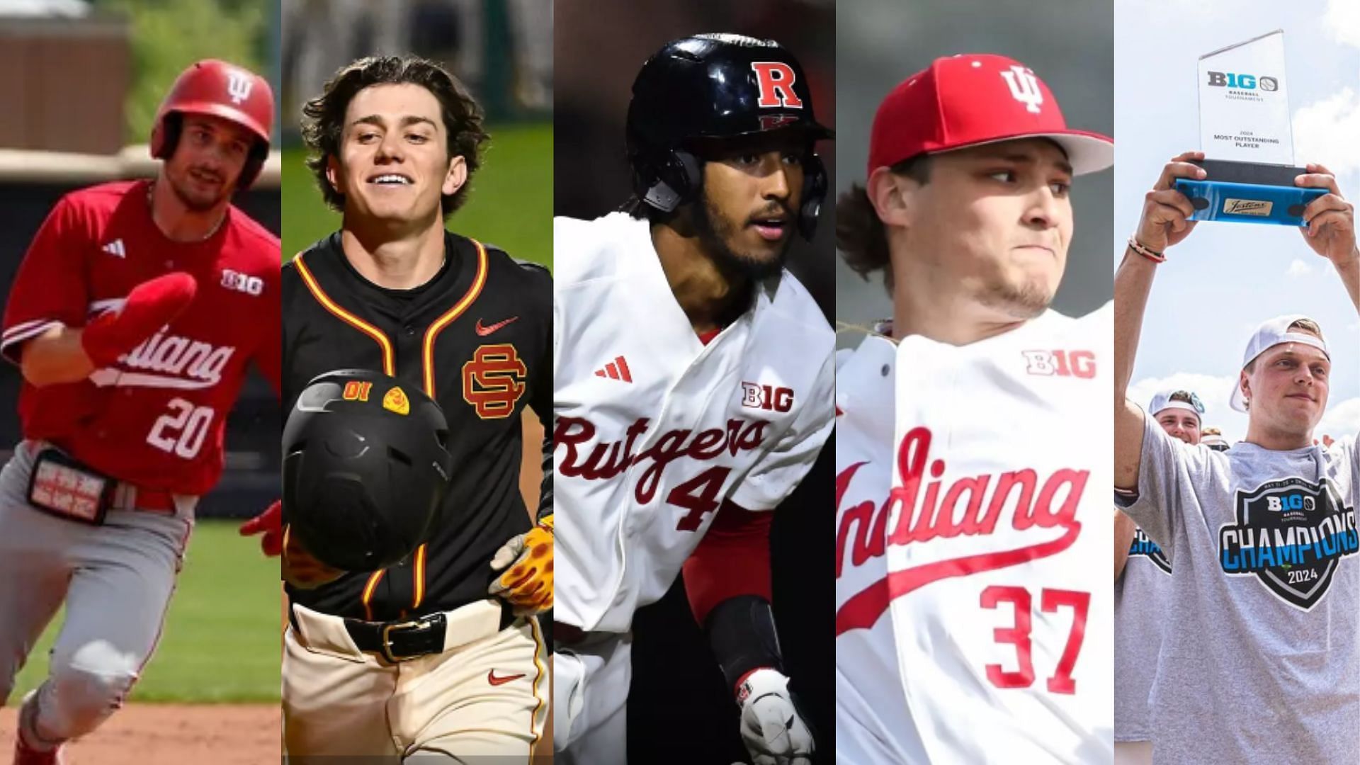 From left to right - Nick Mitchell, Austin Overn, Joshua Kuroda-Grauer, Luke Sinnard and Josh Caron - (Image Sources: Nick Mitchell - IMAGN; Austin Overn - https://usctrojans.com/sports/baseball/roster/austin-overn/16302; Joshua Kuroda-Grauer - https://scarletknights.com/sports/baseball/roster/josh-kuroda-grauer/12950; Luke Sinnard - https://iuhoosiers.com/sports/baseball/roster/luke-sinnard/18750 and Josh Caron - https://www.instagram.com/p/C7cPd7URdfI/