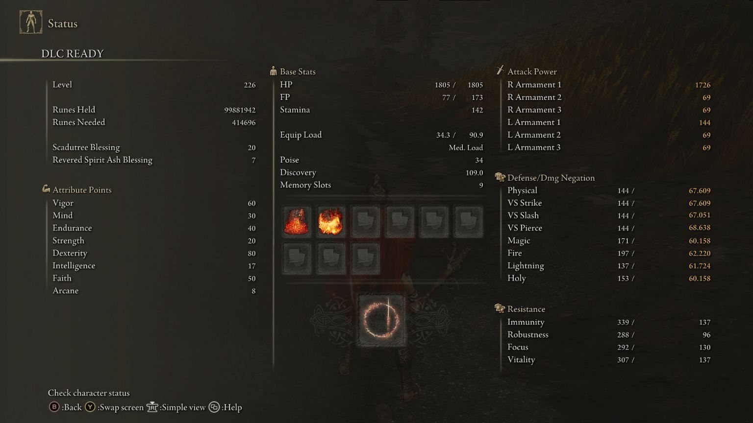 Stats for a level 220+ Messmer cosplay build (Image via FromSoftware)