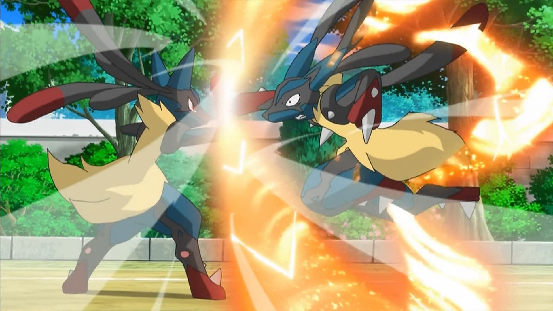 Gurkinn&#039;s Mega Lucario facing Korinna&#039;s (Image via The Pokemon Company)