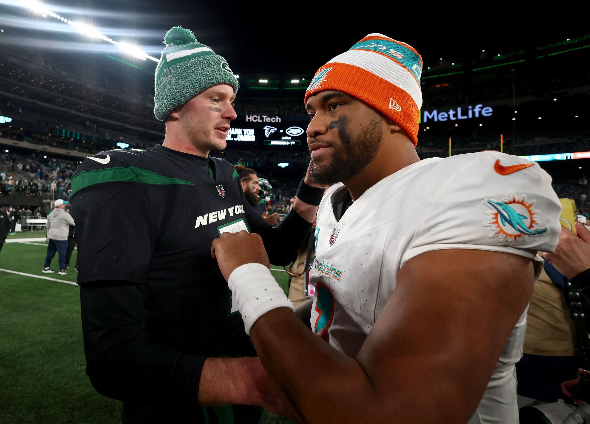 Tim Boyle, left, Tua Tagovailoa, right after the Miami Dolphins v New York Jets