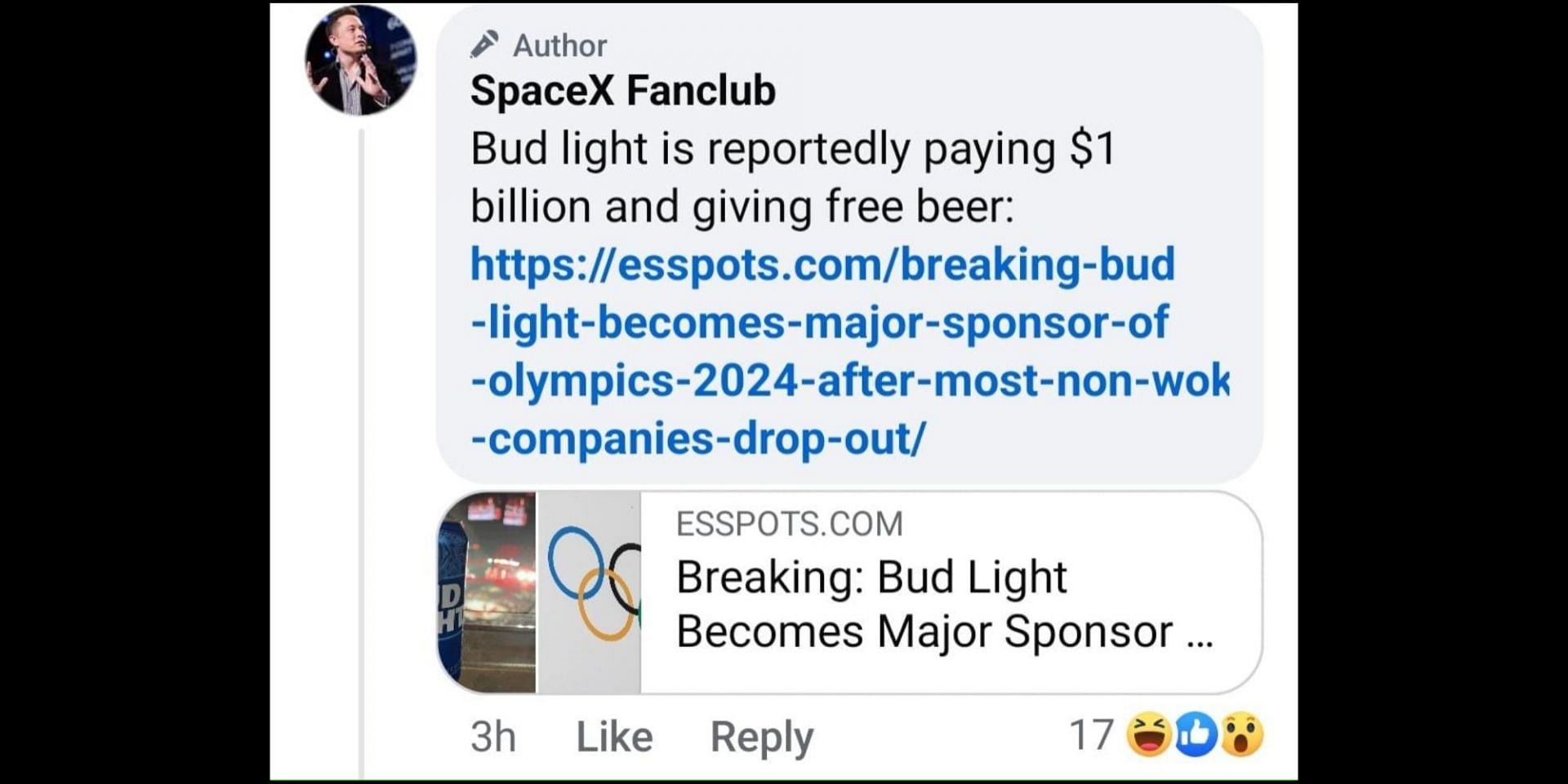 Viral claim says Bud Light to allegedly sponsor the Olympics. (Image via Facebook/SpaceX Fanclub)