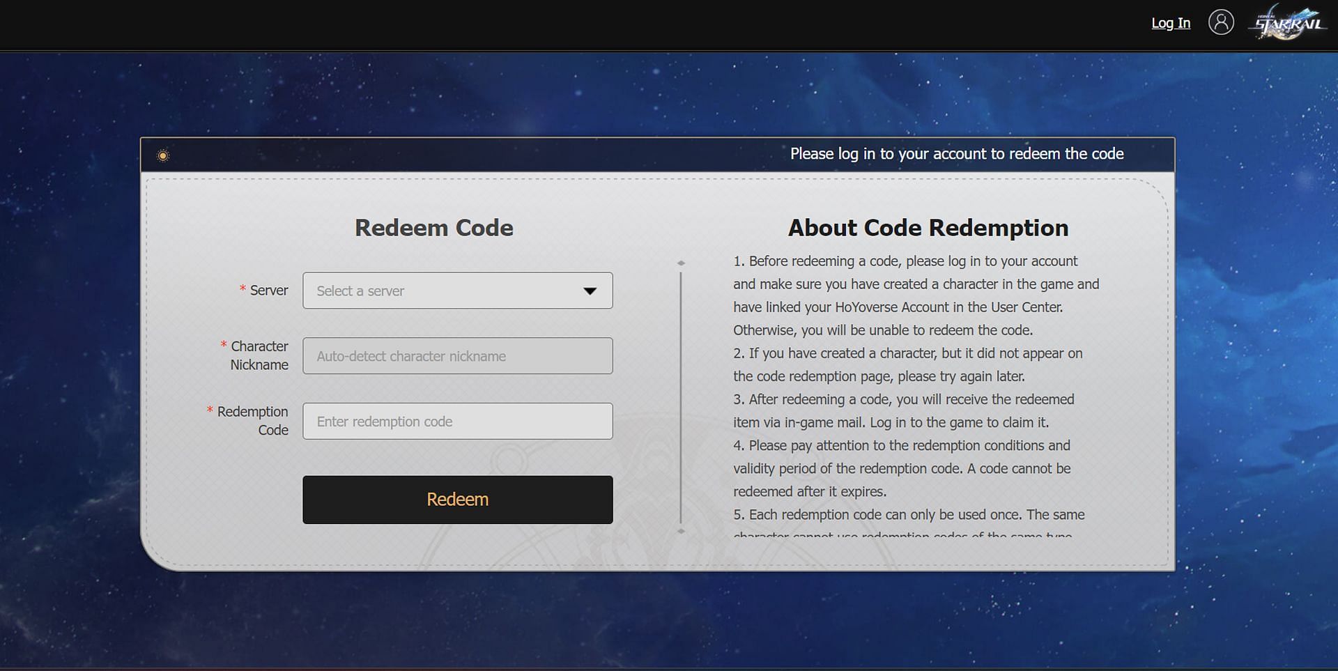 Redeem code on the website (Image via HoYoverse)