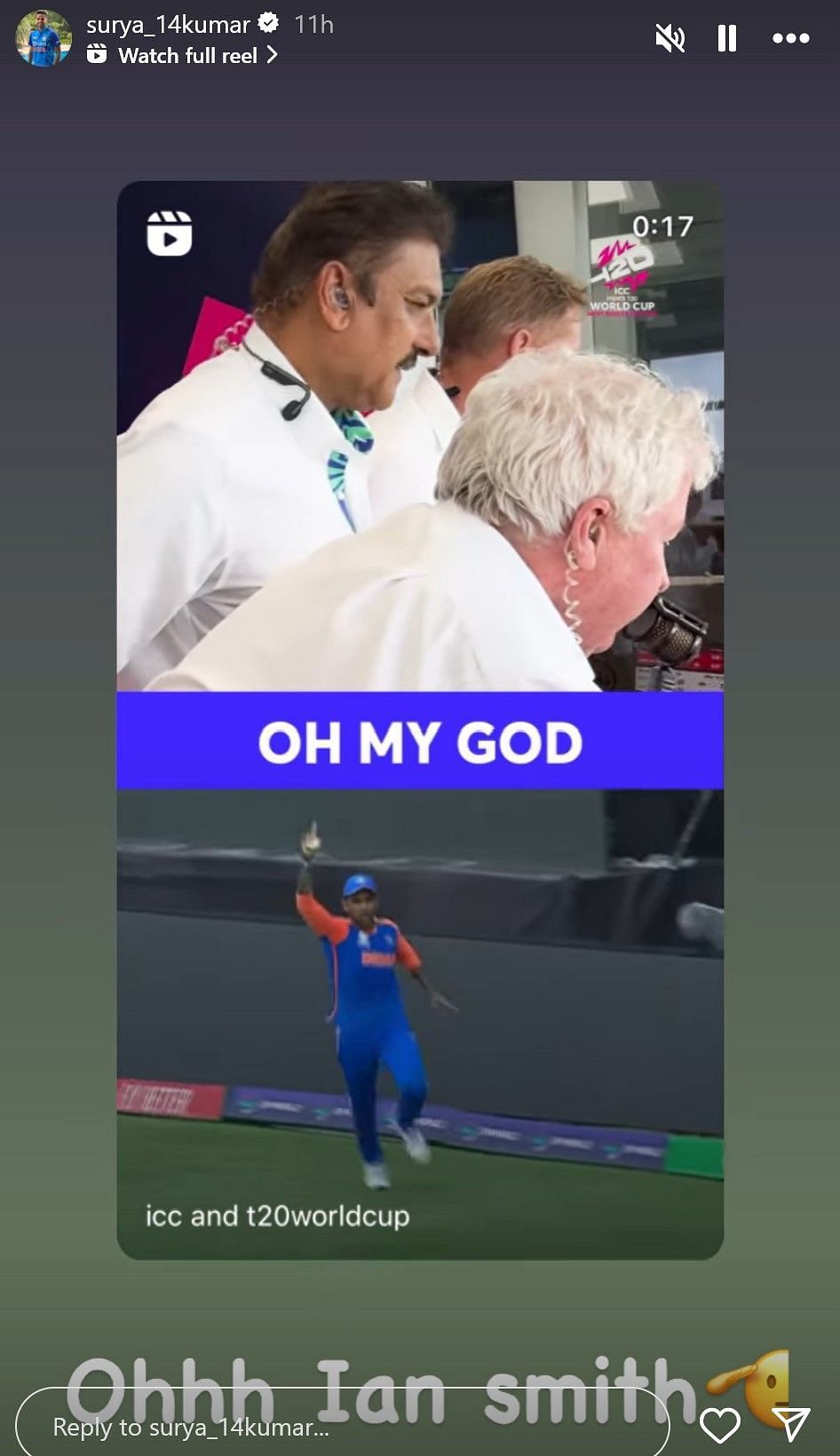 Screenshot of Suryakumar Yadav&#039;s reaction to Ian Smith&#039;s commentary