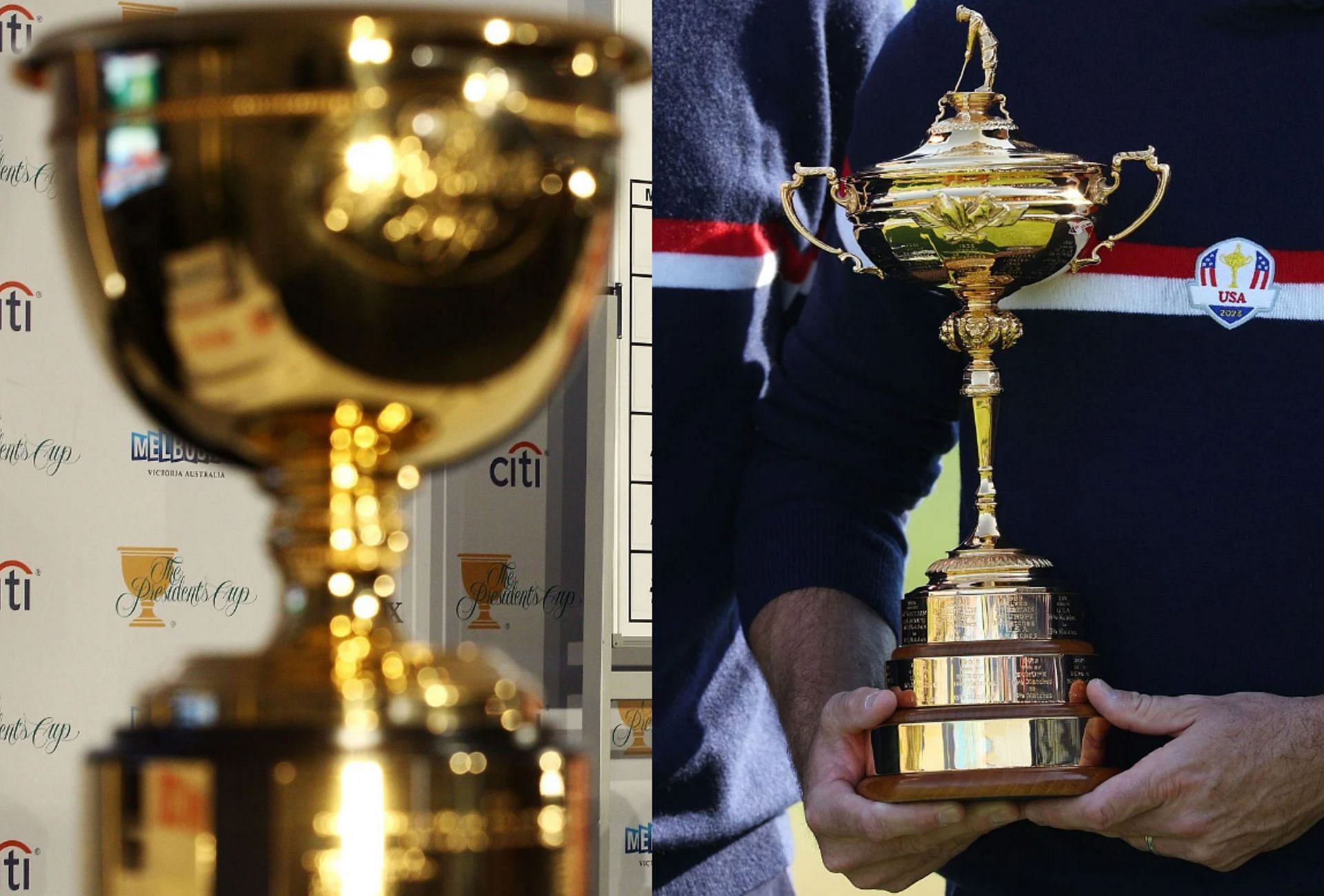 Presidents Cup and Ryder Cup trophies (Image via Getty).