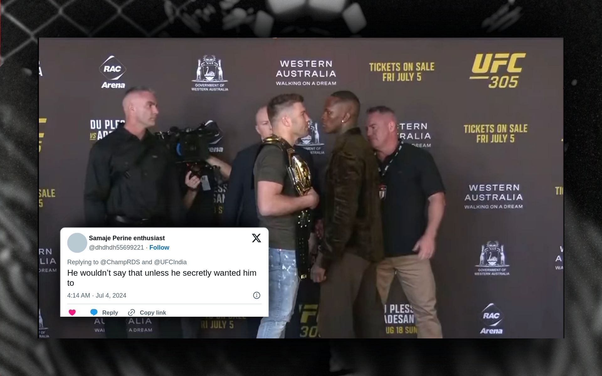 Fans react to the interaction between Israel Adesanya (right) and Dricus du Plessis (left) during intense face-off. [Image courtesy: @ufc on Instagram]