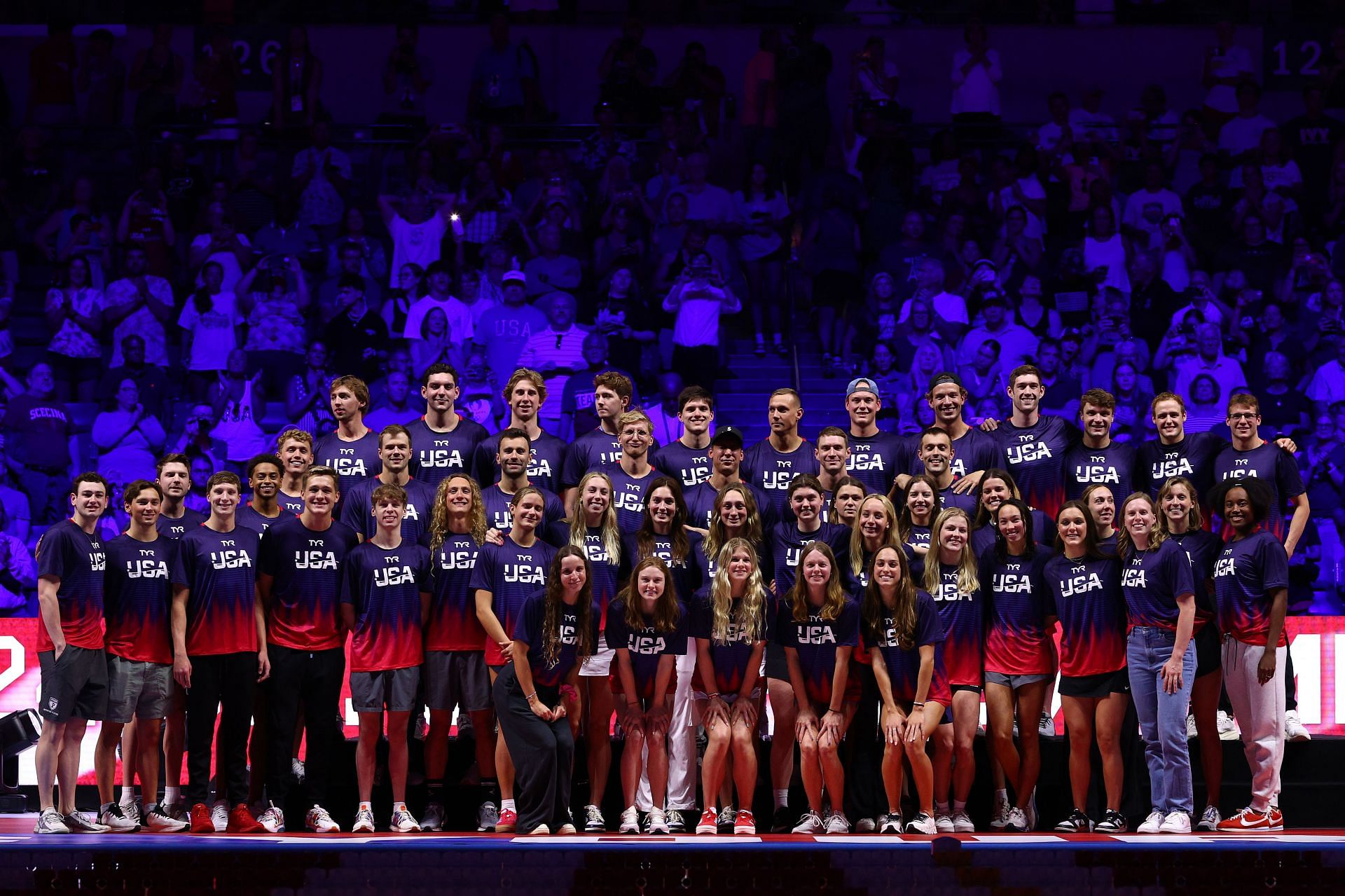 The United States Olympic Swimming team poses at the 2024 U.S. Olympic Team Swimming Trials at Lucas Oil Stadium in Indianapolis, Indiana. (Photo by Getty Images)