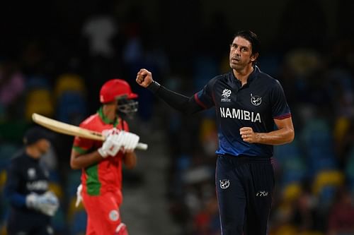 David Wiese of Namibia celebrates winning the super over and the ICC Men's T20 Cricket World Cup West Indies & USA 2024 match between Namibia and Oman at Kensington Oval on June 02, 2024 in Bridgetown, Barbados. (Photo by Gareth Copley/Getty Images)