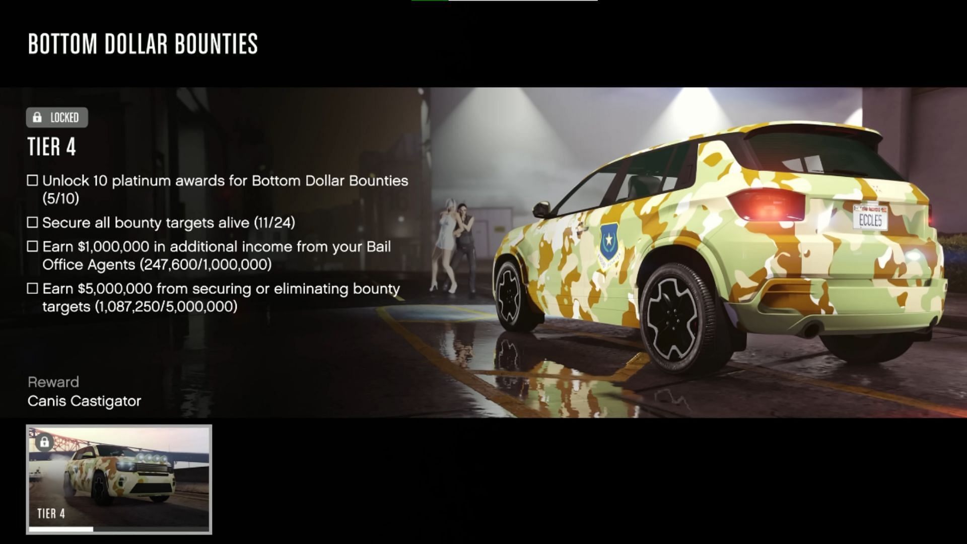 List of all Tier 4 Bottom Dollar Bounties challenges (Image via Rockstar Games || YouTube/Digital Car Addict)