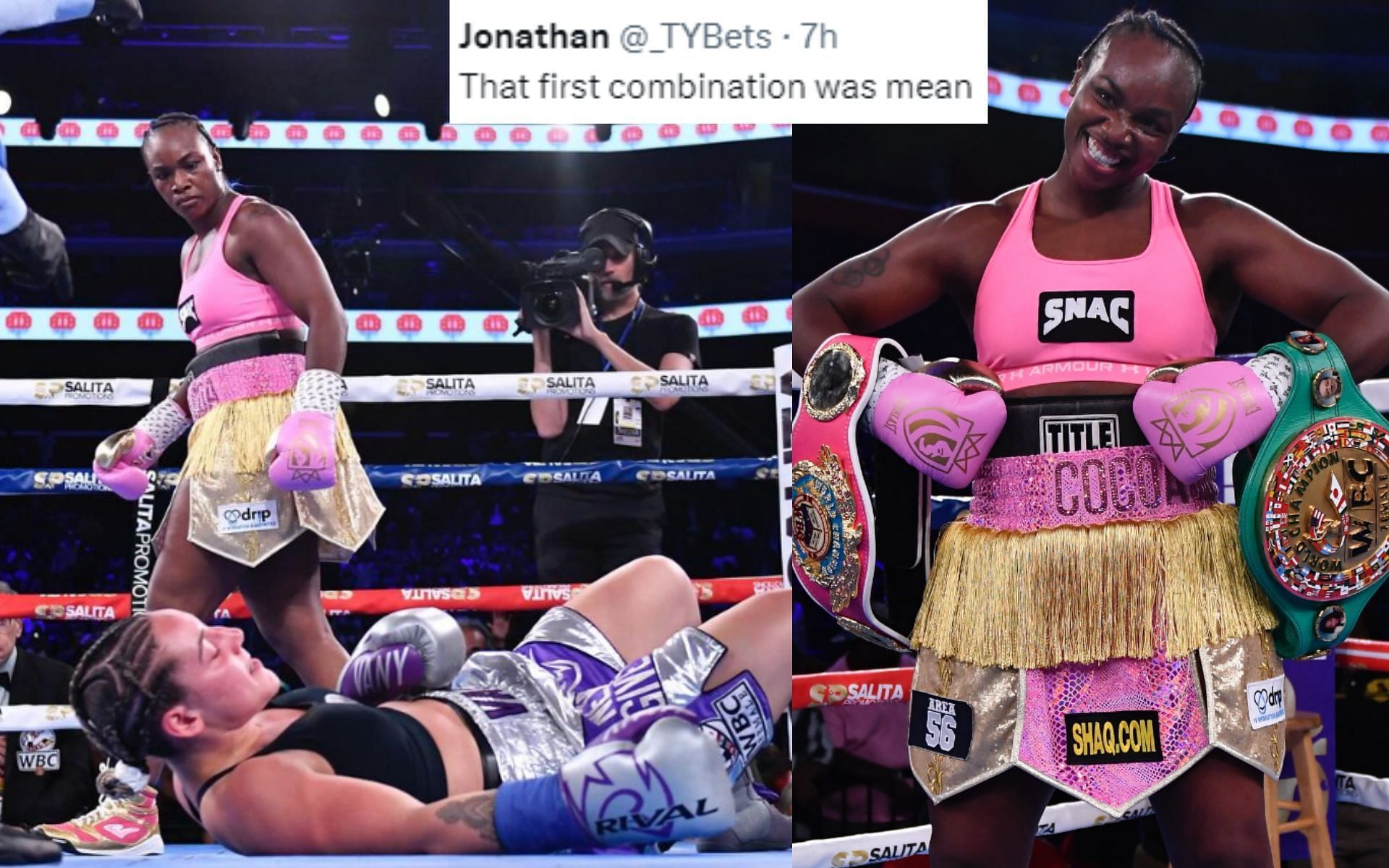 Claressa Shields becomes four-division world champion (right) after knocking out Vanessa Lepage-Joanisse (left) [Images courtesy: @claressashields on Instagram]