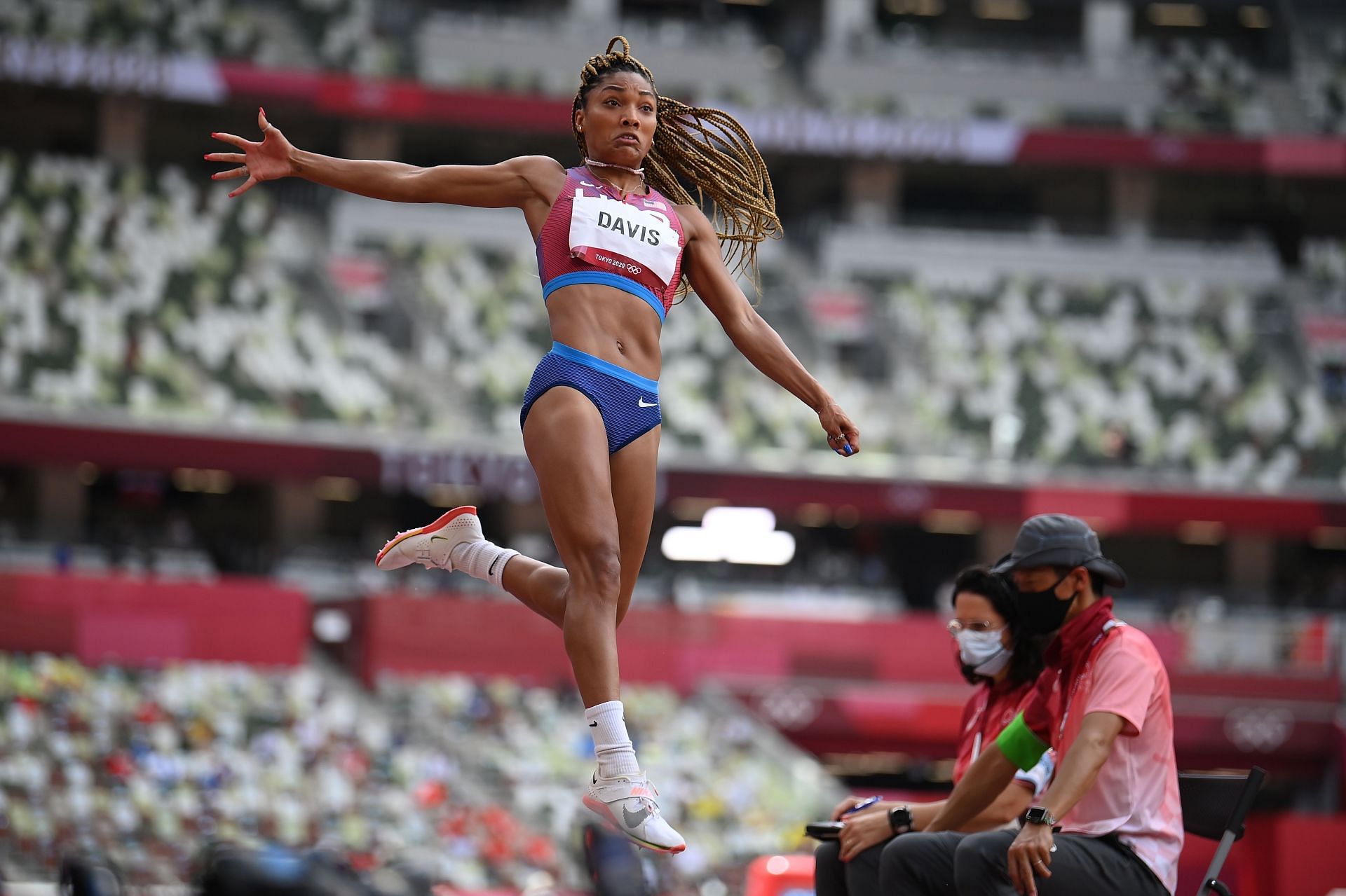 Tara Davis of Team United States competes in the Women&#039;s Long Jump Final on day eleven of the Tokyo 2020 Olympic Games at Olympic Stadium on August 03, 2021 in Tokyo, Japan. (Photo by Matthias Hangst/Getty Images)