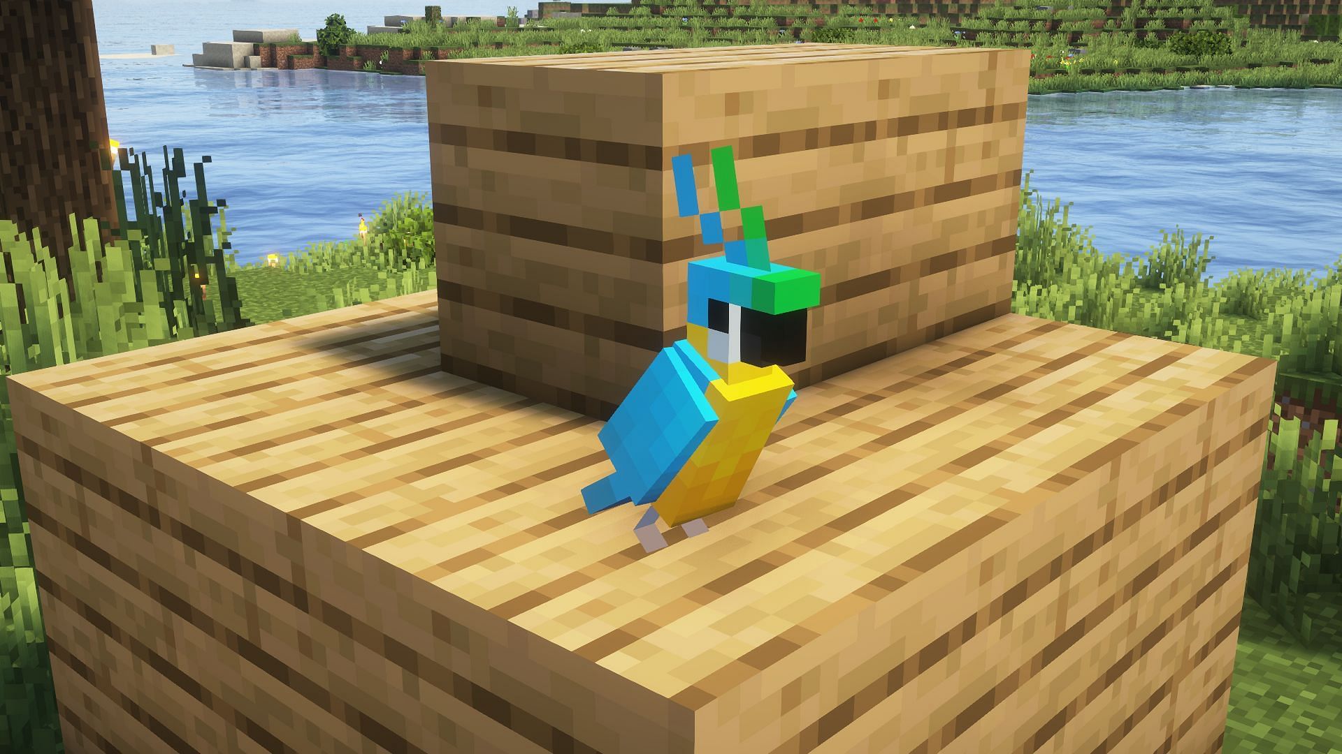 A parrot sitting on a small wooden structure (Image via Mojang)