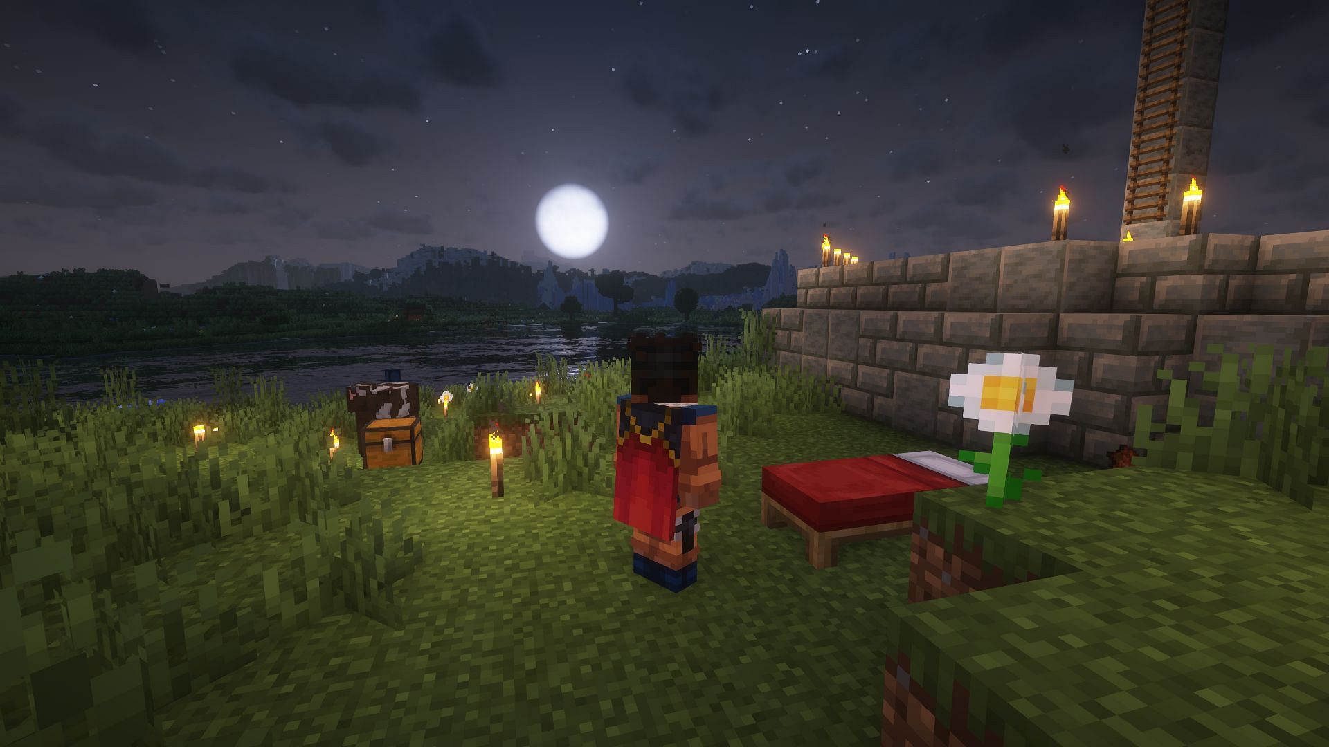 A player about to use a bed to sleep through the night (Image via Mojang)