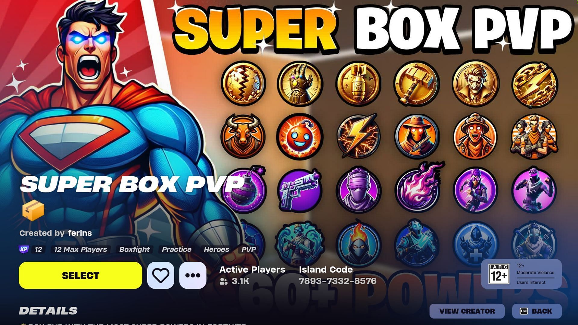 What the Super Box PVP map looks like in the Discover menu (Image via Epic Games)