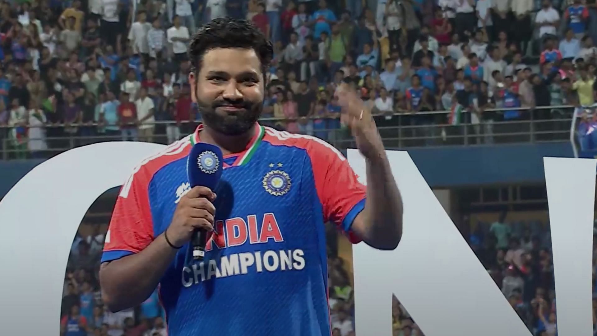 Rohit Sharma reacts to the reception he gets from Wankhede crowd (P.C.:Jio Cinema/BCCI)