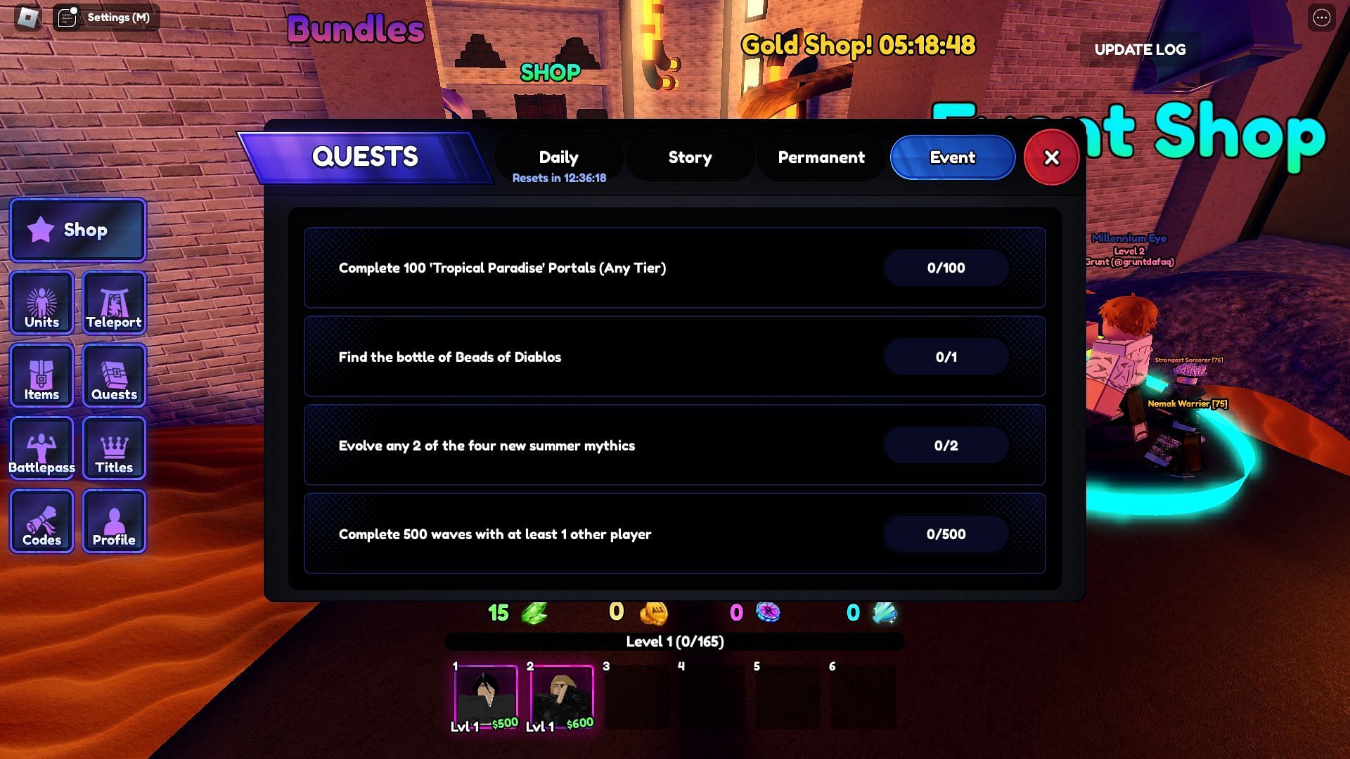 Events tab in the Quest menu (Image via Roblox)