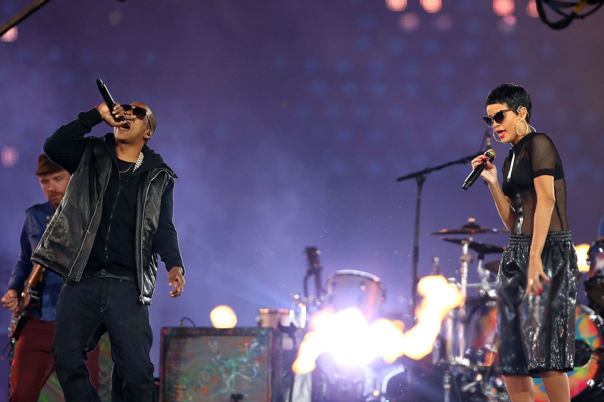 Jay-Z and Rihanna performing together. (Photo by Peter Macdiarmid/Getty Images)