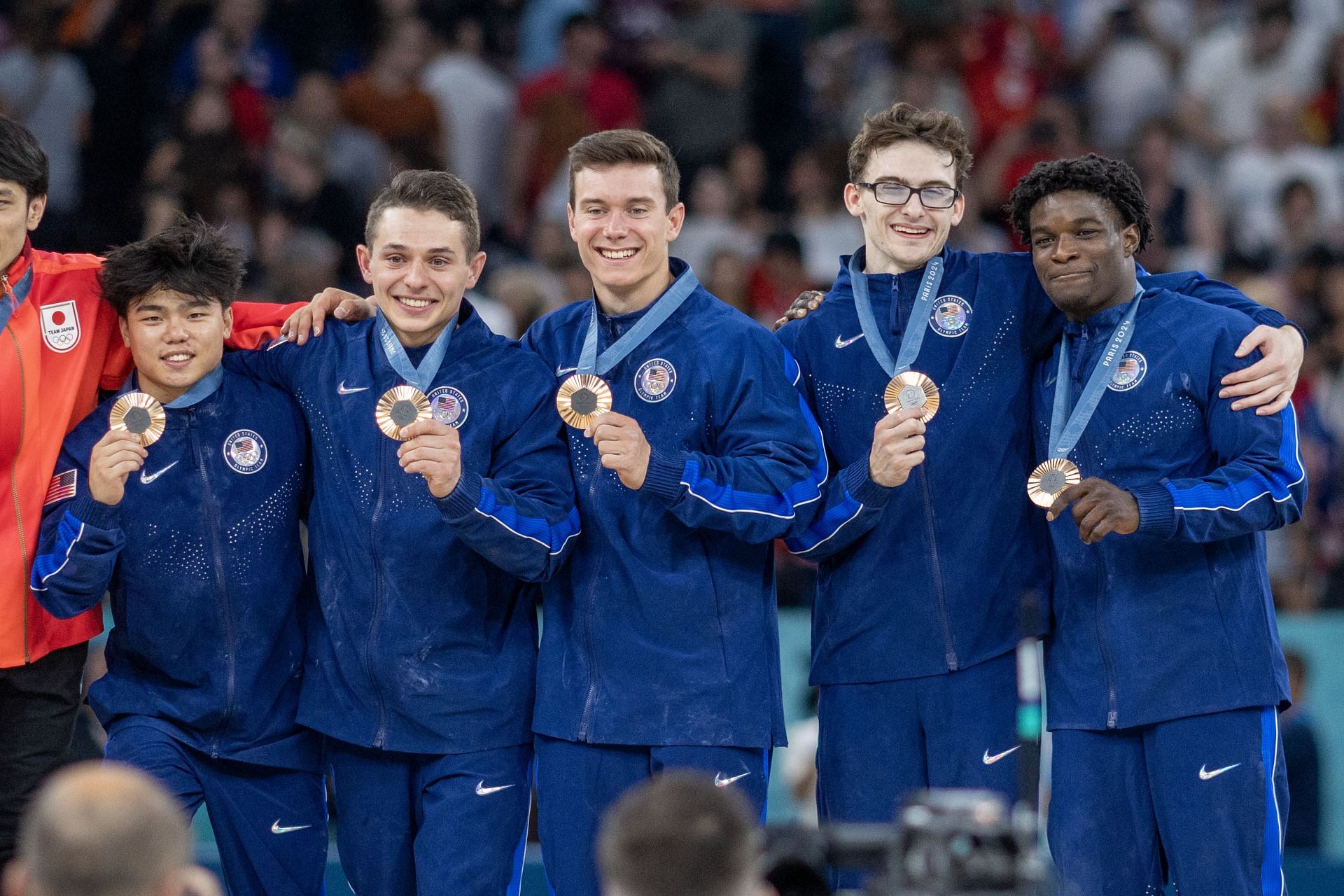 Asher Hong, Paul Juda, Brody Malone, Stephen Nedoroscik and Frederick Richard with their bronze medals during the Artistic Gymnastics Men&#039;s Team Final at the Paris Olympics 2024. (Photo by Tim Clayton/Corbis via Getty Images)